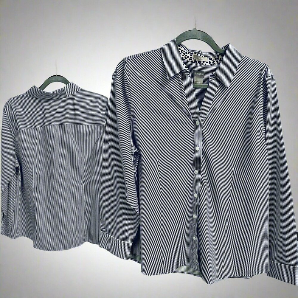 Chicos Black, White Pinstripe Blouse with Leopard Color and Cuff Accents (M)